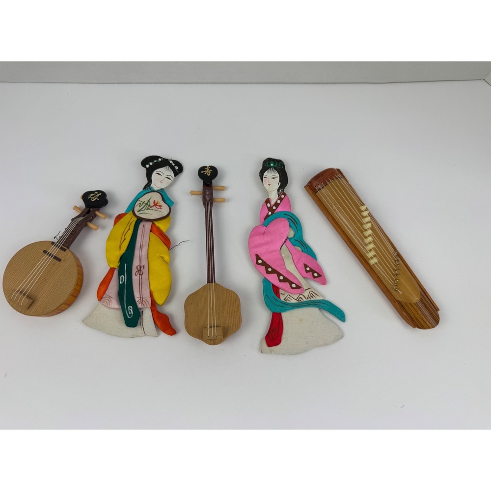 Vintage Faroy Miniature Wooden Asian Instruments & Padded Silk Figures Ornaments